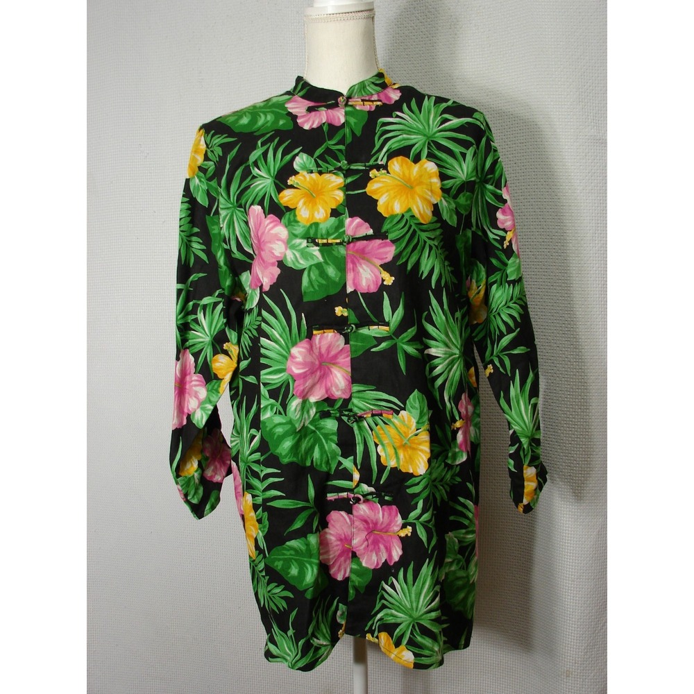 Vtg Ralph Lauren Tropical Floral Linen Tunic Jacket Frog Close Mandarin Collar L